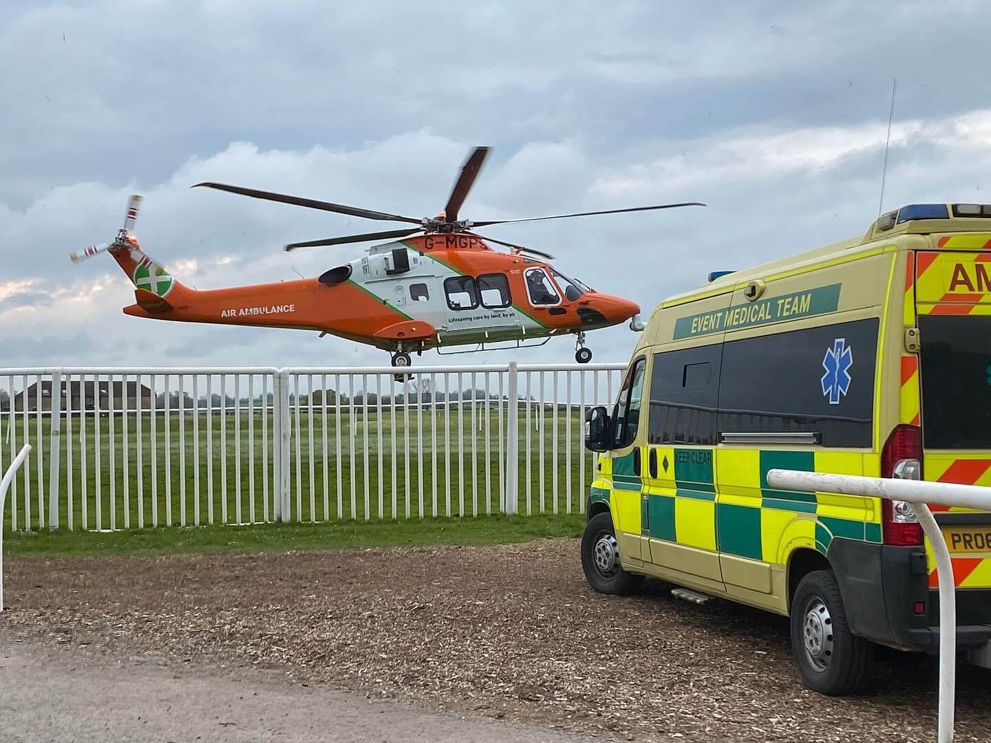 Prosec securitys ambulance at an event with medic helicopter landing